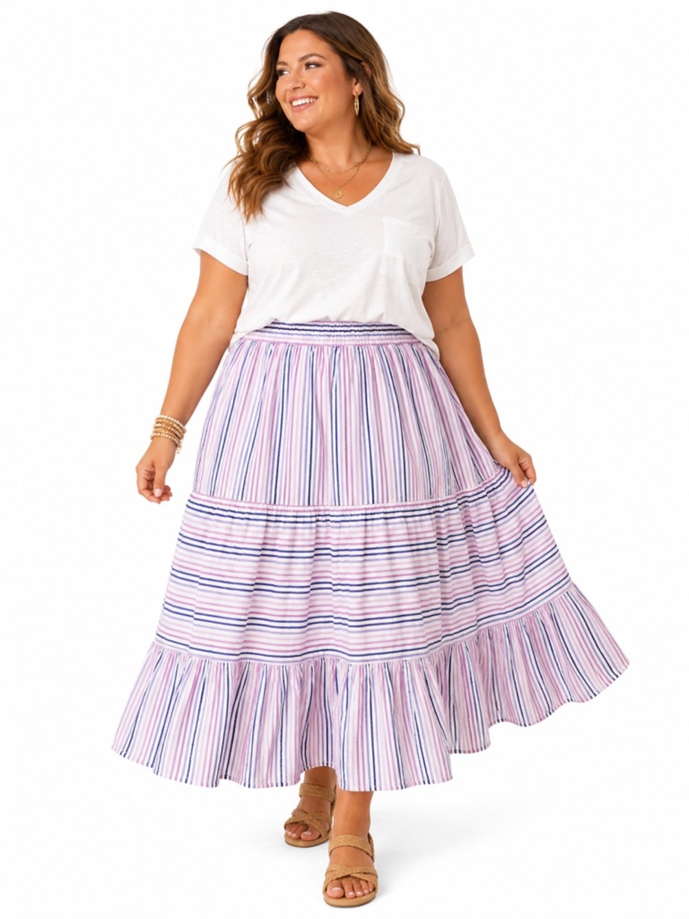 Lane Bryant 100% Cotton Tiered Maxi Skirt Pink Blue Stripe A-Line 14/16